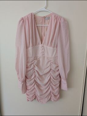Seven Wonders Womens 4 Ruched Polka Dot Pink Mini Dress Coquette Cottage Party